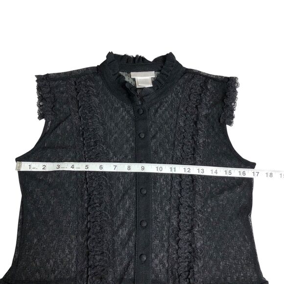 Y2K Worthington Top Womens M Black Sheer Lace Button Ruffle Neck Whimsigoth Goth - Picture 9 of 9